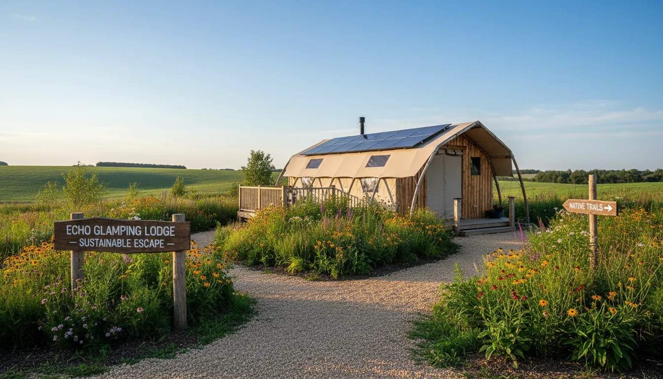 Lodge de glamping sustentável com painéis solares integrado à paisagem campestre e plantas nativas