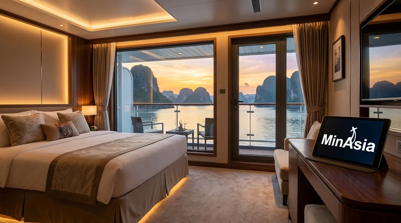 Quarto de luxo em navio com vista panorâmica para as ilhas da Baía de Halong.