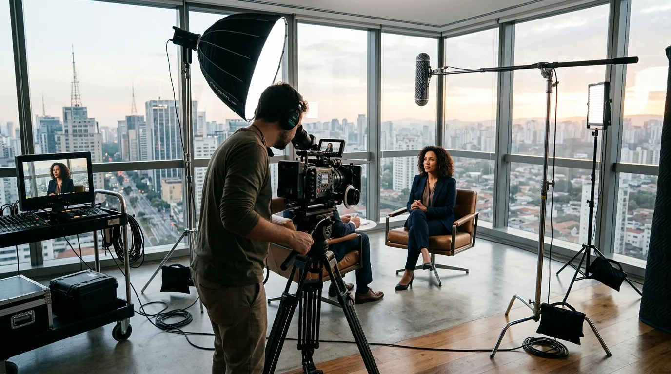 Bastidores de gravação institucional externa por produtora de vídeo São Paulo para empresas.