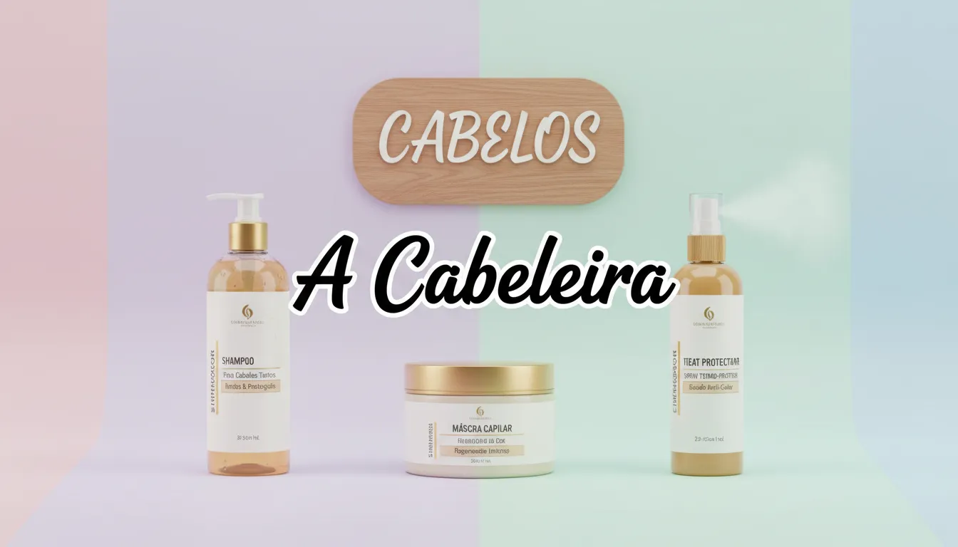Montagem de produtos essenciais para cuidar de cabelos tingidos, incluindo shampoo, condicionador e máscara, destacando a rotina de como cuidar do cabelo tingido.