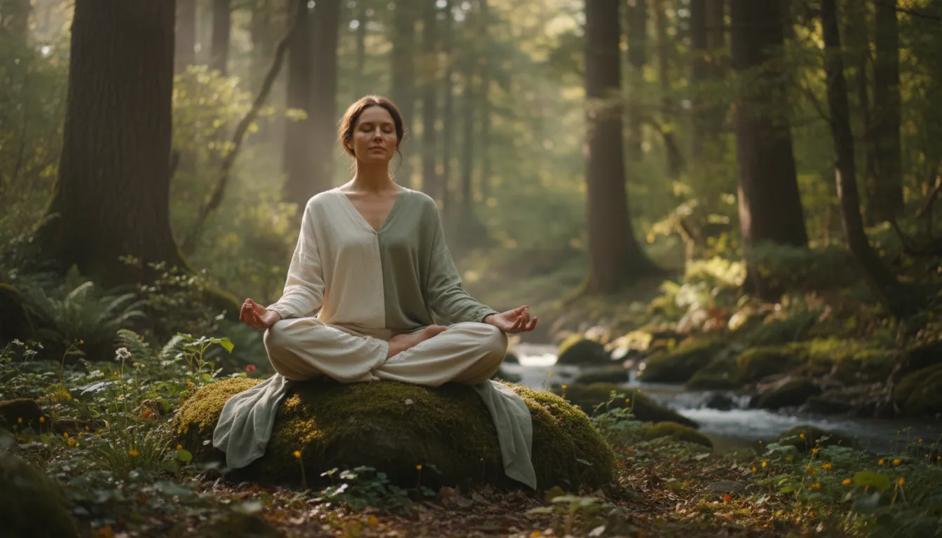 Pessoa meditando na natureza, fundo de floresta tranquila, cultivando paz interior para o equilíbrio das emoções.