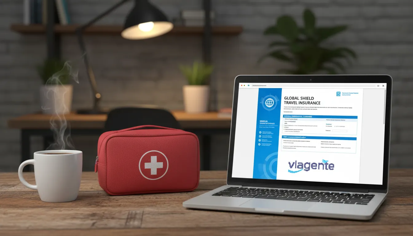 Kit de primeiros socorros e apólice de seguro viagem internacional em um escritório, destacando a importância do planejamento e cobertura.