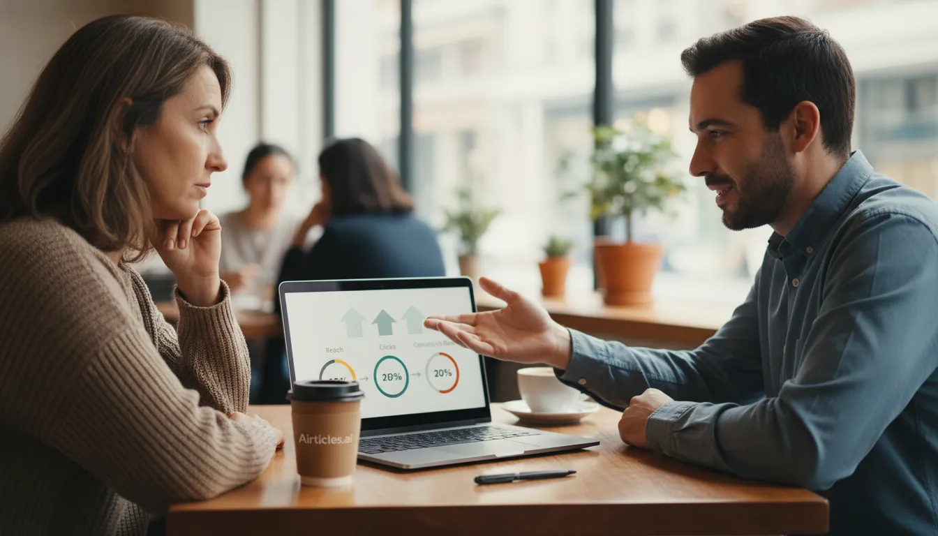 Dona de empresa discutindo estratégias de tráfego digital com gestor de tráfego em uma cafeteria.