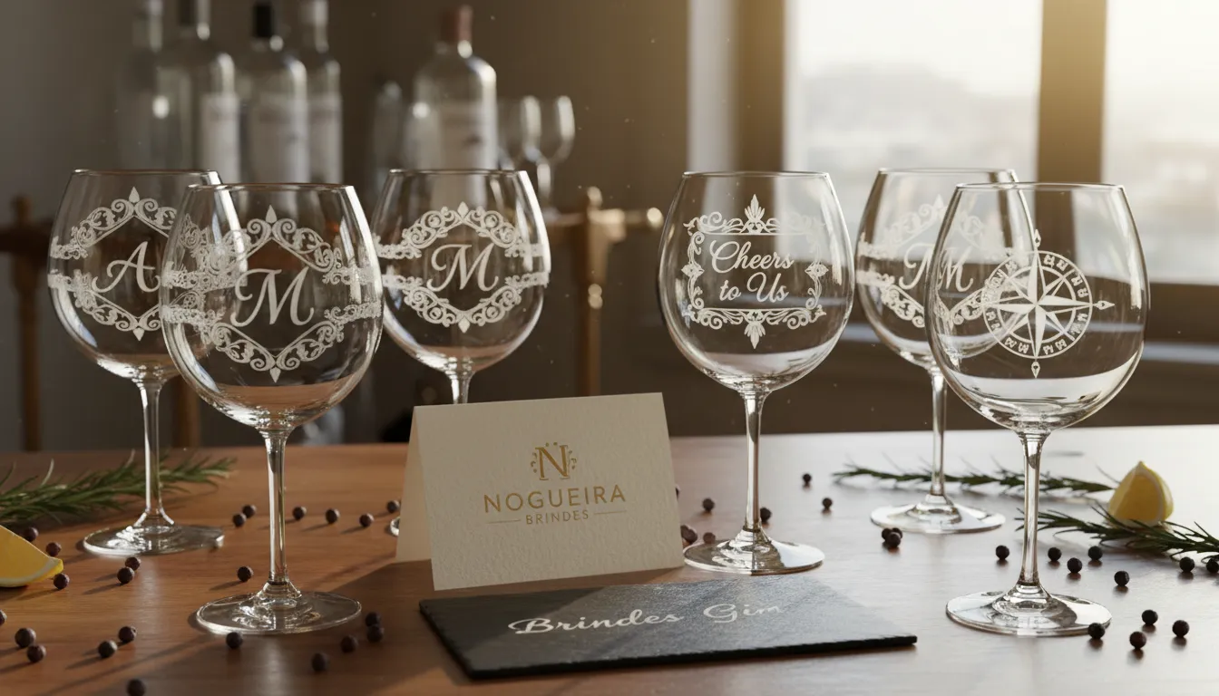 Arranjo de mesa com taças de gin personalizadas da Nogueira Brindes, exibindo opções de customização ideais para presentes corporativos.