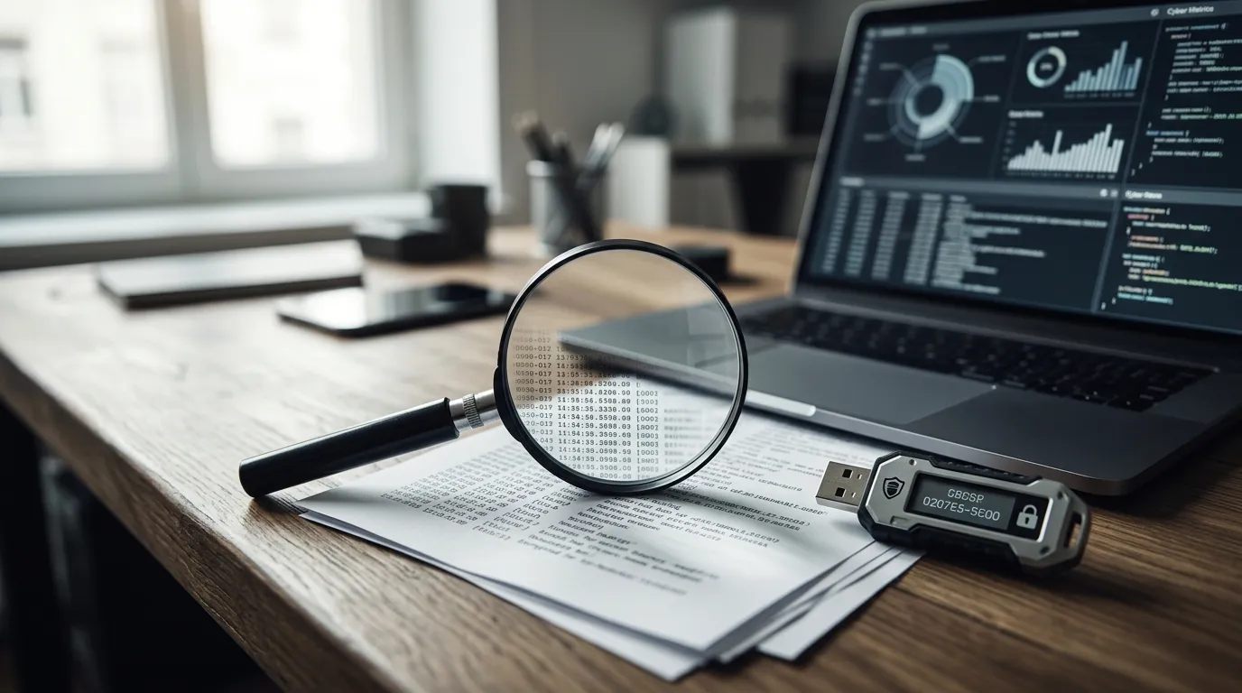 Documentos e métricas de segurança analisados detalhadamente em auditoria forense empresarial.