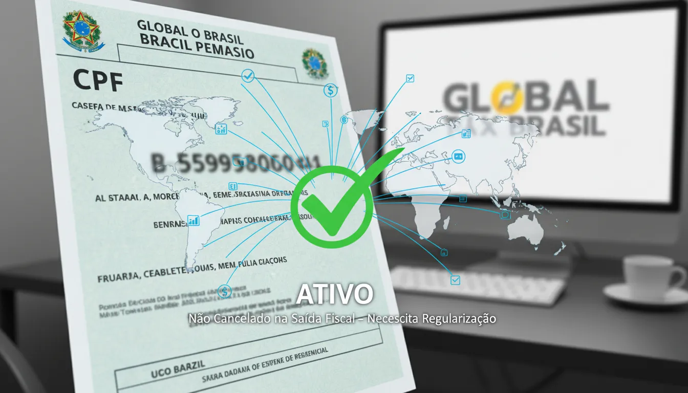 CPF ativo globalmente, com texto 'Não Cancelado na Saída Fiscal', reforçando que o CPF não é cancelado, mas exige regularização.