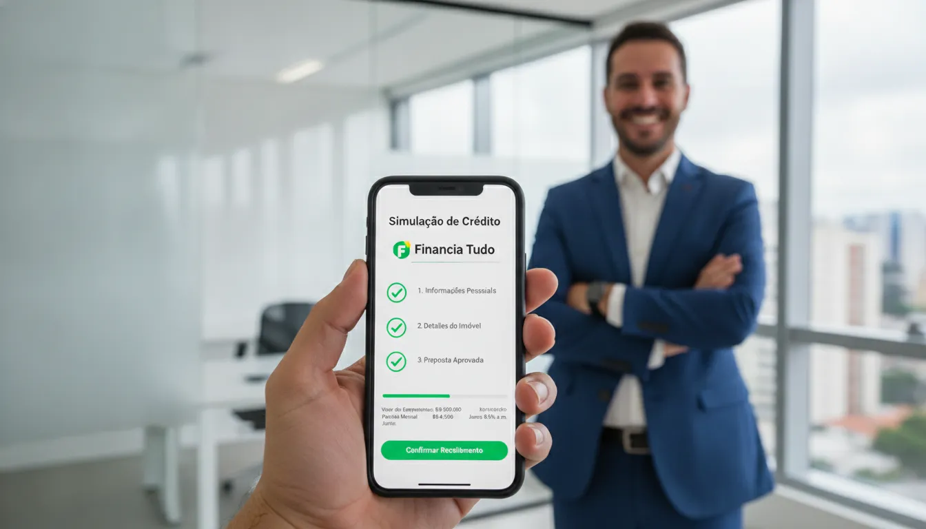 Plataforma Financia Tudo no celular, simplificando aprovação home equity e acesso a crédito.