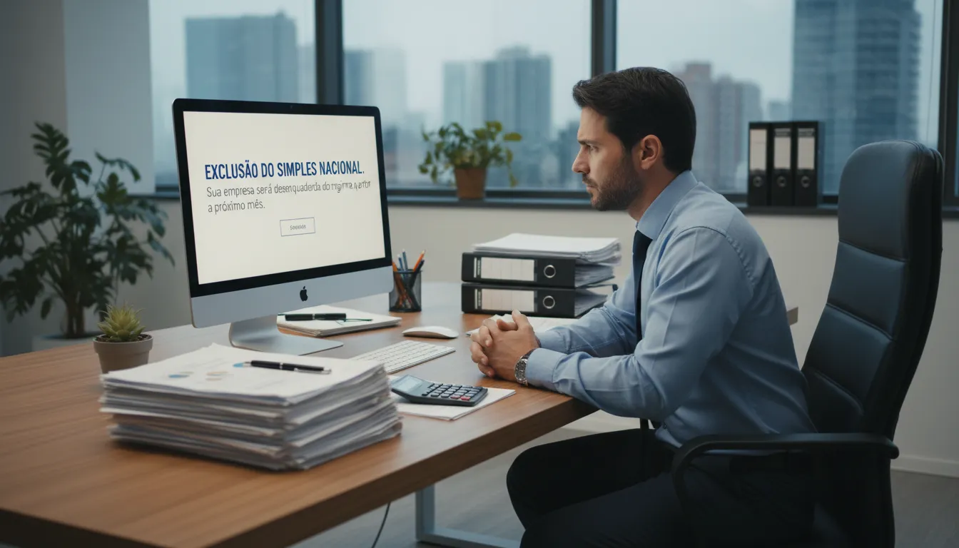Empresário se depara com notificação de exclusão do Simples Nacional em seu computador.