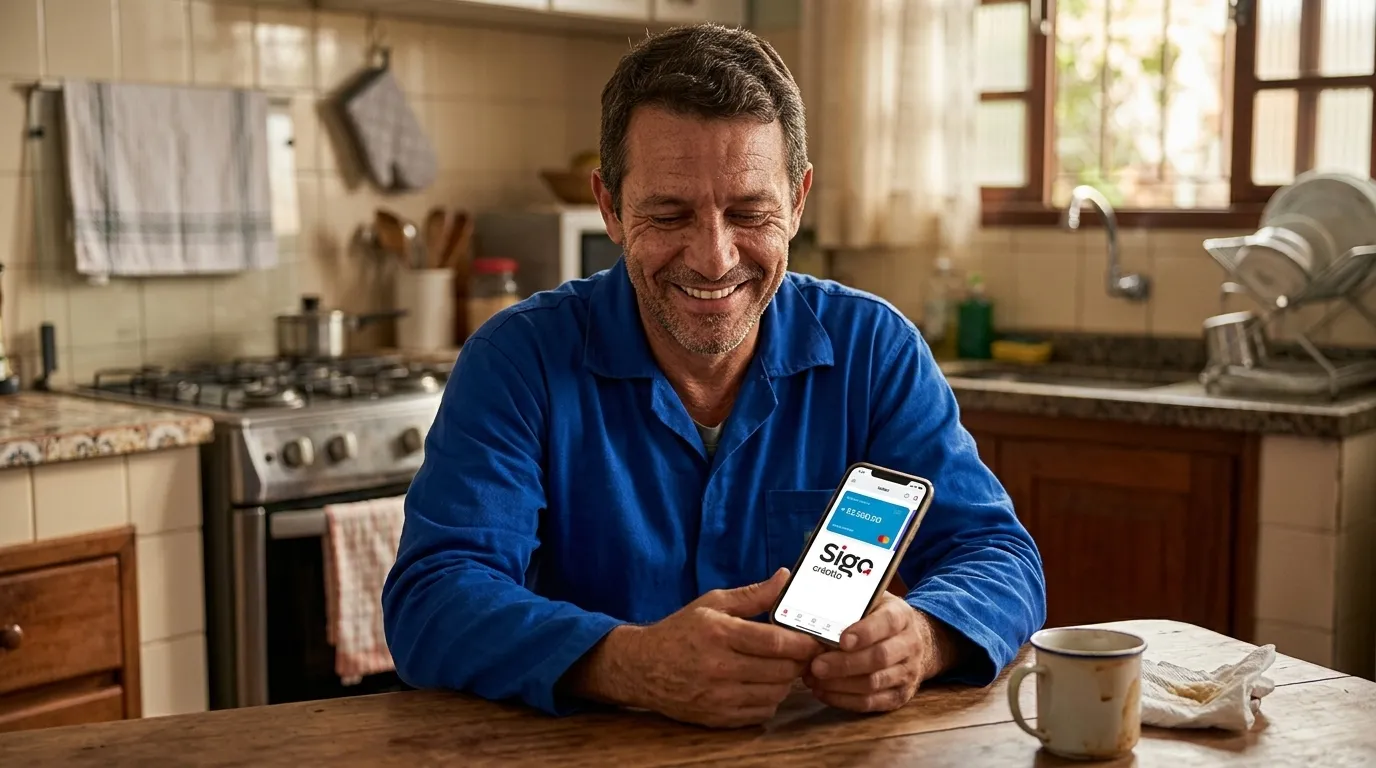 Trabalhador autônomo comemora crédito rápido de empréstimo pessoal online.