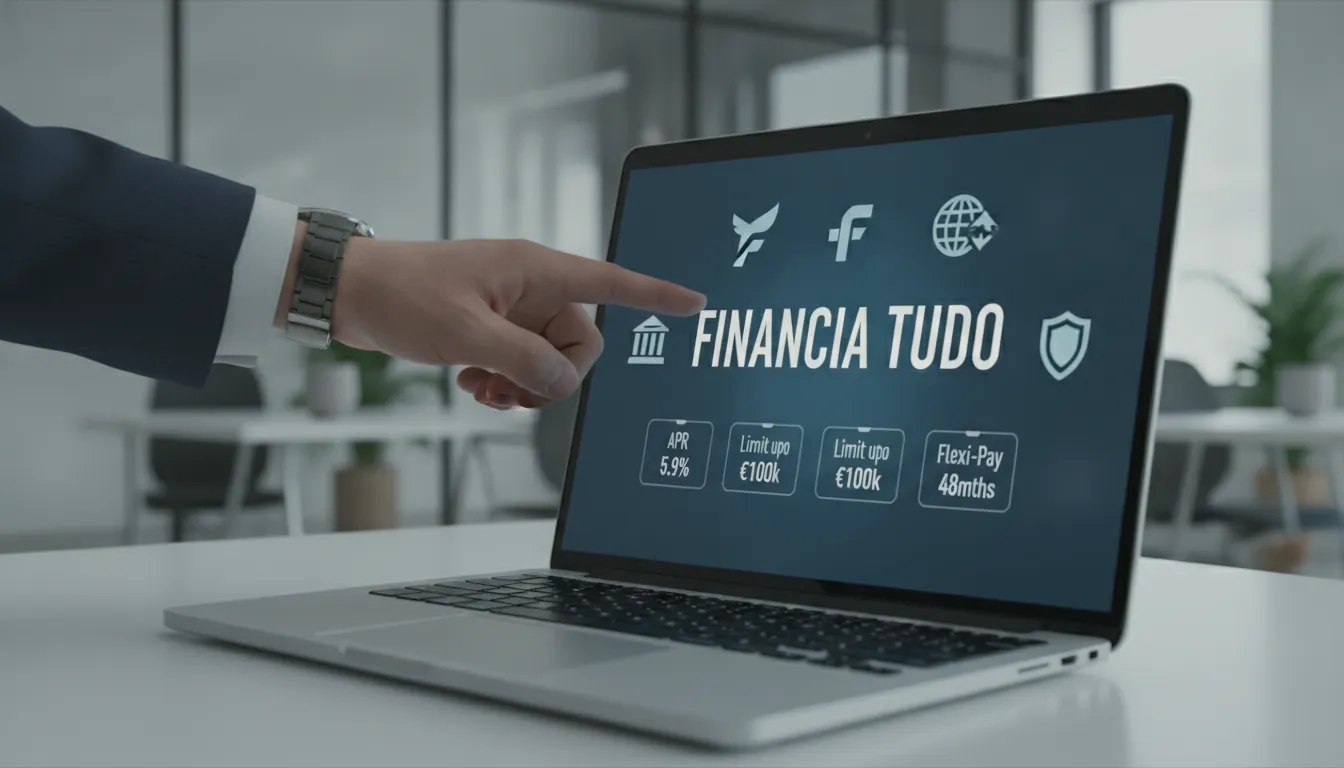 Afiliado de crédito Financia Tudo: tela laptop com logos bancos parceiros e condições competitivas.