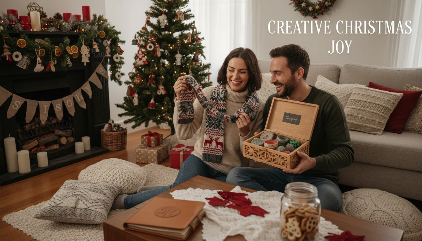 Casal trocando presentes criativos de Natal, com clima acolhedor e itens artesanais ao redor