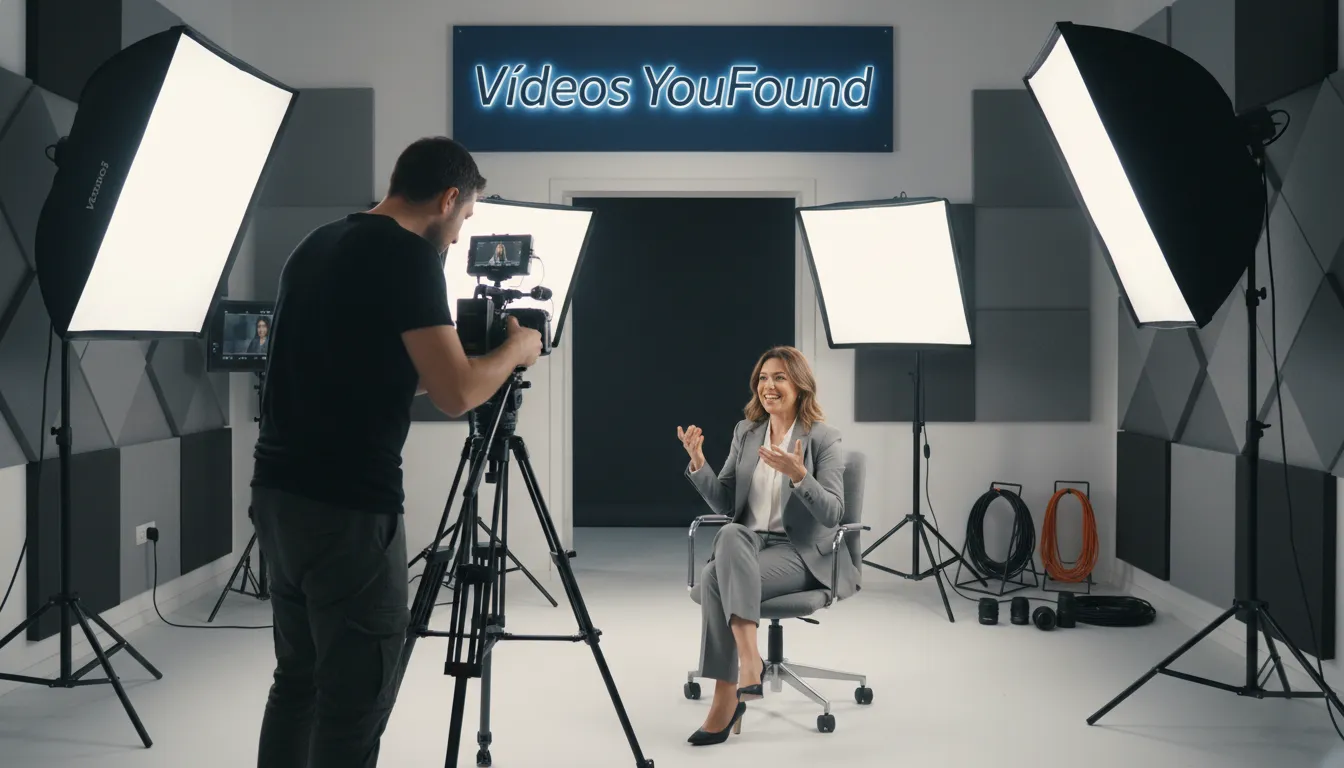 Videografo profissional filmando entrevista para vídeos institucionais da YouFound em estúdio bem equipado.
