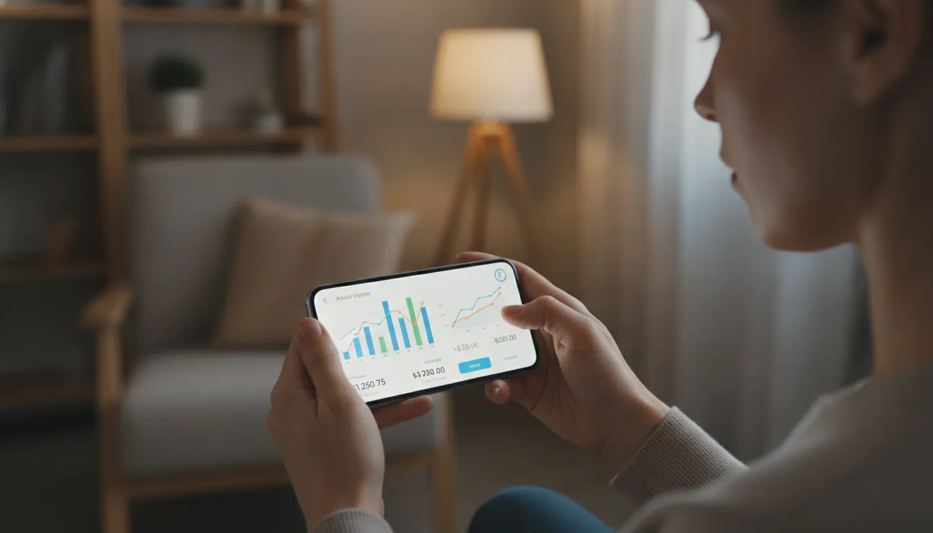 Mãos usando aplicativo financeiro no smartphone, gerenciando finanças e evitando erros financeiros emocionais.