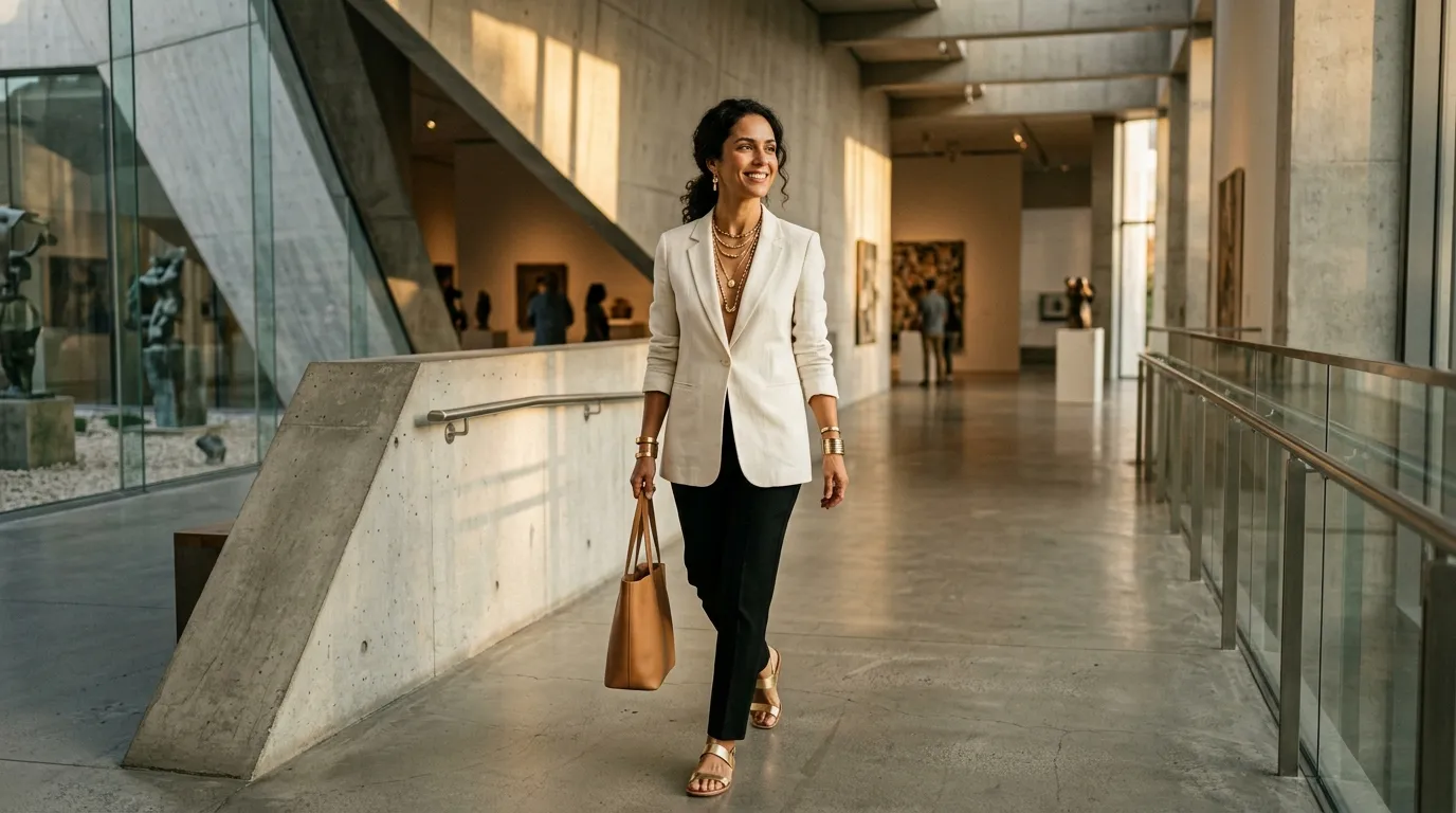 Mulher elegante usando acessórios contemporâneos refletindo o novo futuro da moda brasileira autoral.
