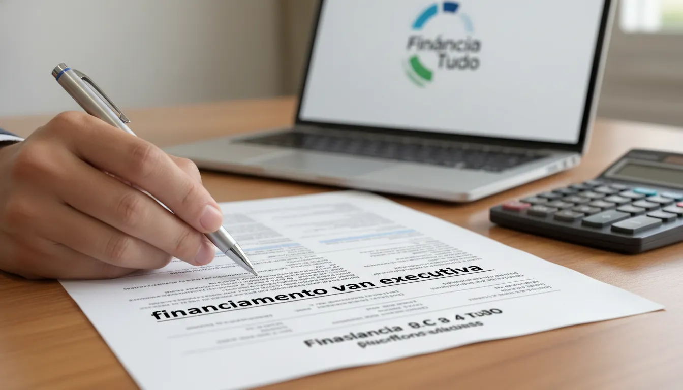 Mão profissional apontando em um contrato de financiamento van executiva, com laptop e calculadora ao fundo.