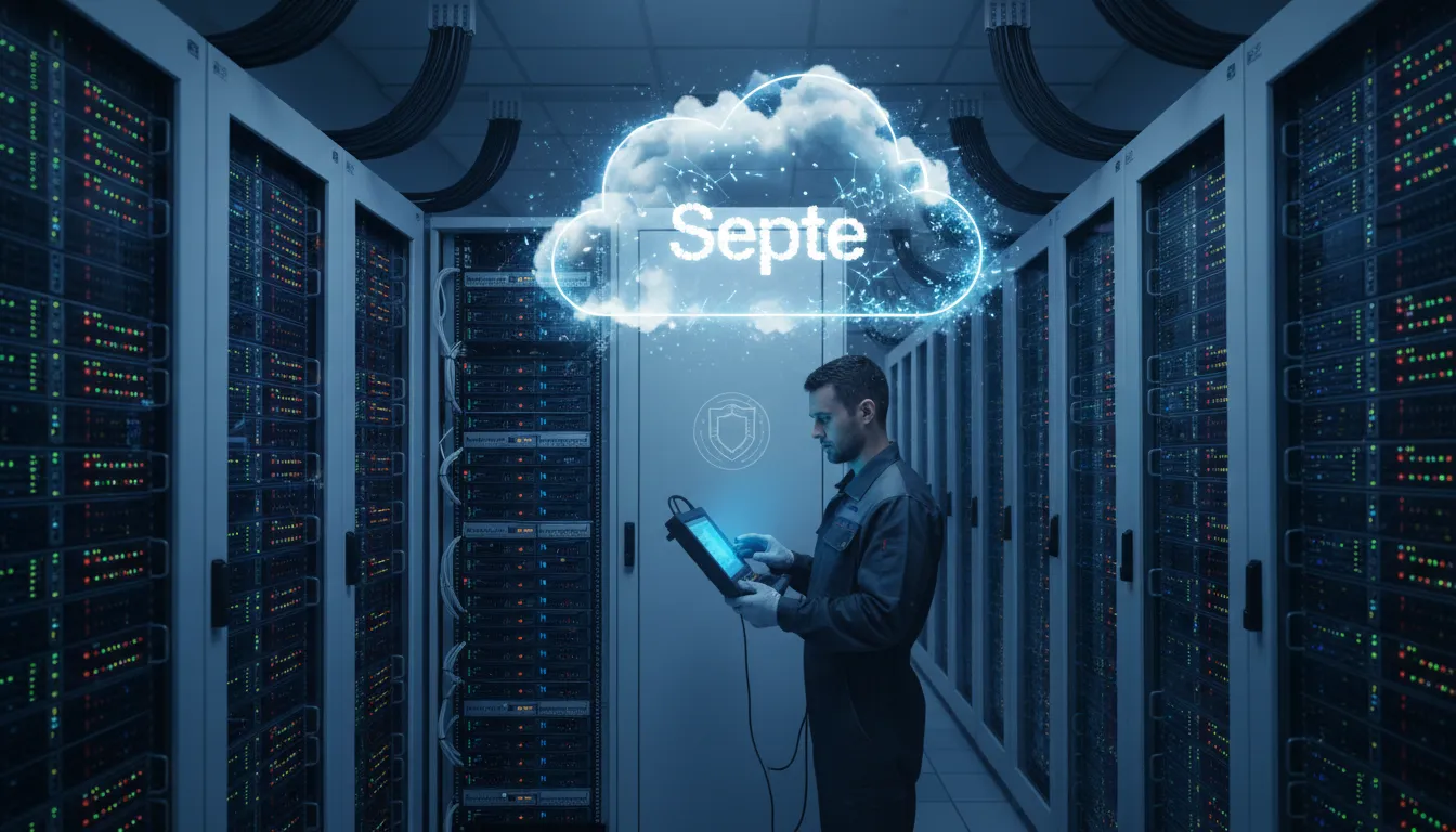 Data center moderno com servidores e técnico, representando a infraestrutura da SEPTE para computação em nuvem corporativa.