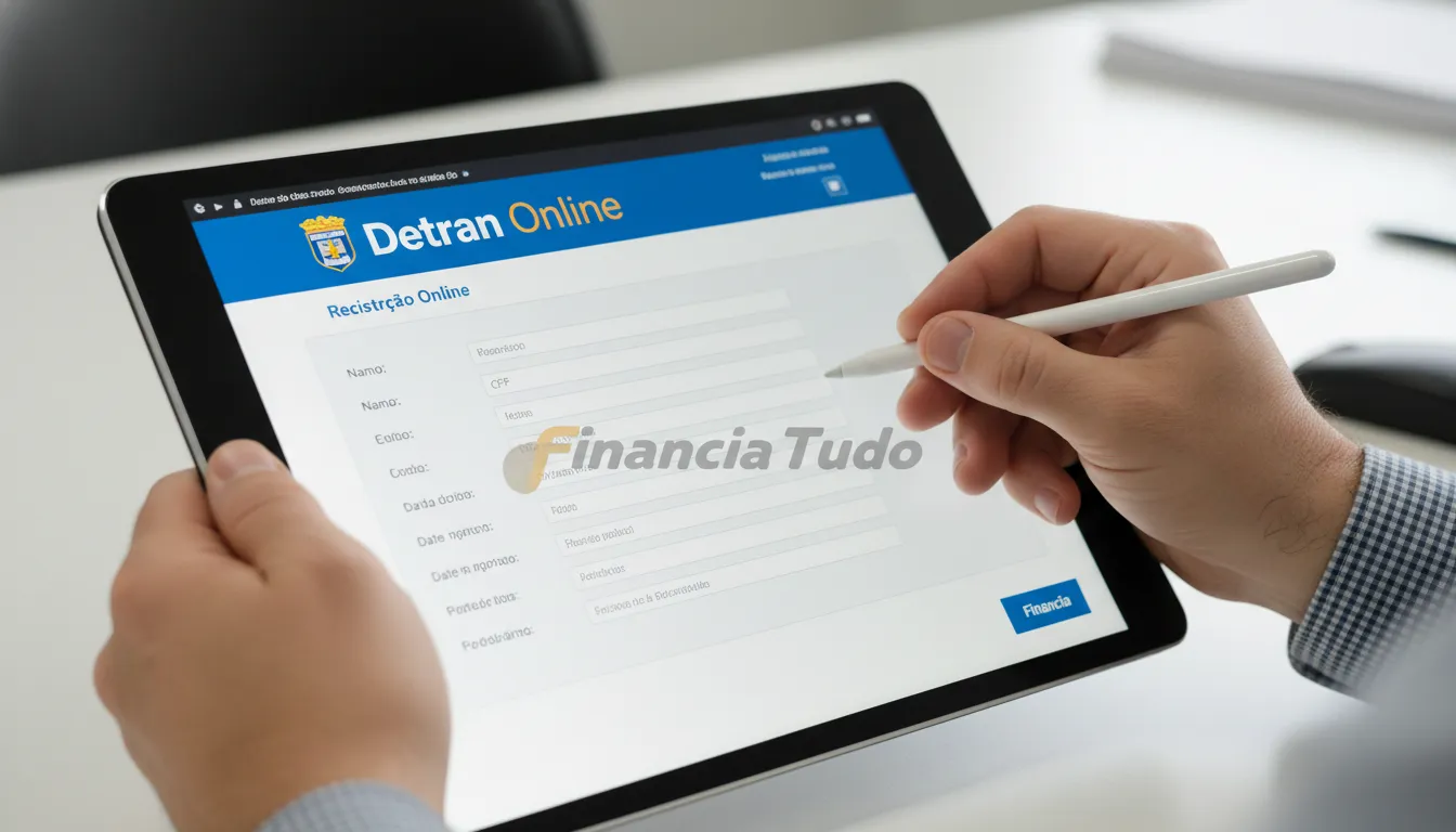 Close-up de mãos preenchendo formulário online para cadastrar no detran sp em um tablet, com o logo da Financia Tudo discretamente visível.