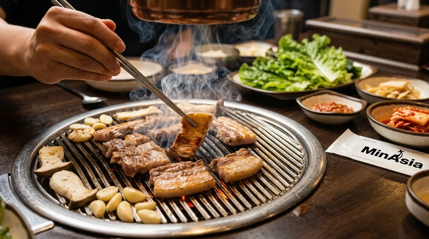 Churrasco de porco grelhando na mesa, tradicional comida coreana em restaurante de Seul.
