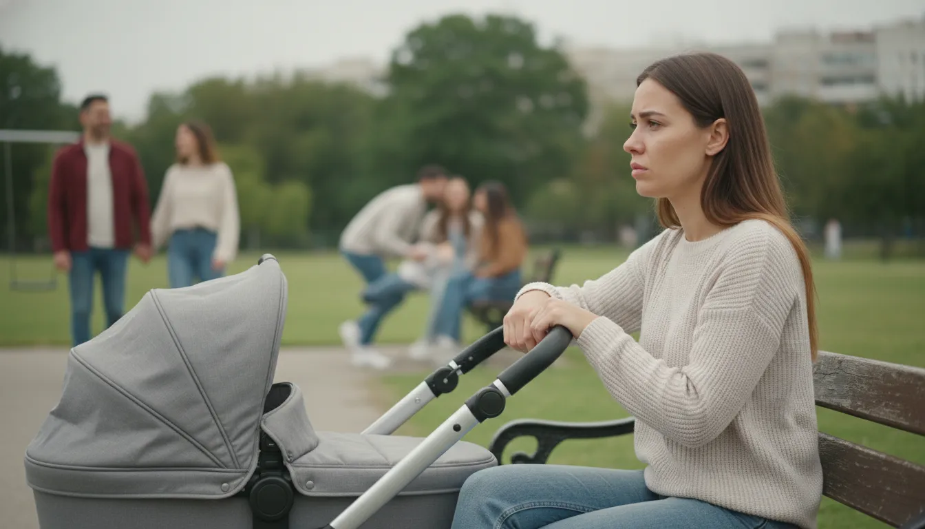 Sentimento de solidão materna em um parque, mãe com bebê no carrinho, isolada e pensativa.