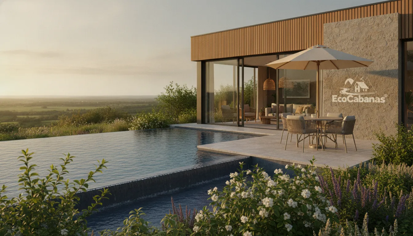 Piscina convidativa de uma casa de campo, com área de lazer e vista para a natureza. Conforto sustentável.