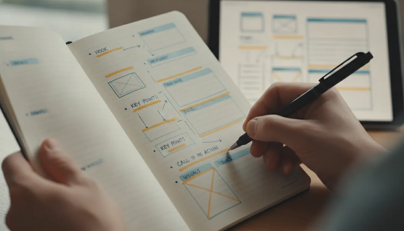 Mãos escrevendo roteiro detalhado em caderno. O copywriting estratégico é vital para vídeos que convertem e engajam.