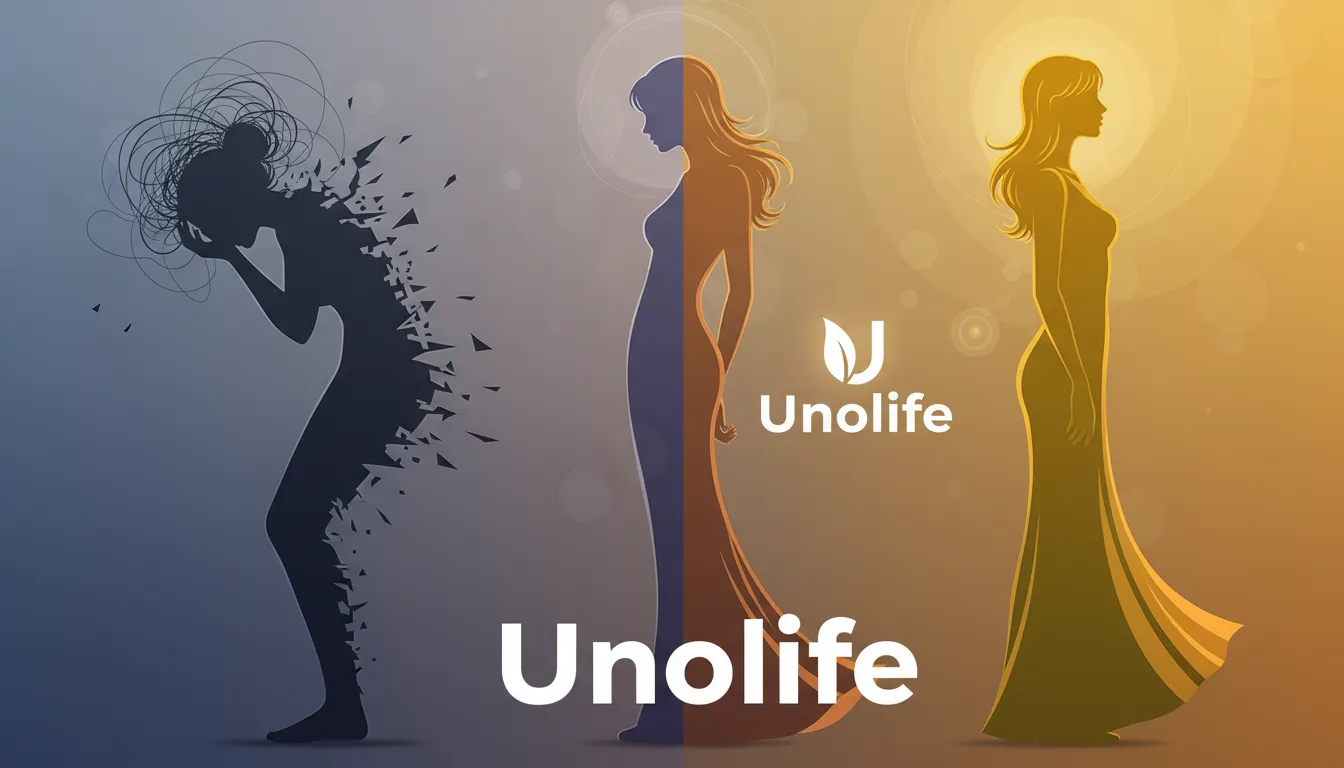 Ilustração da transformação emocional durante o puerpério com a ajuda da terapia online Unolife, mostrando a jornada do estresse à calma e autoconfiança. A terapia online promove o bem-estar emocional.