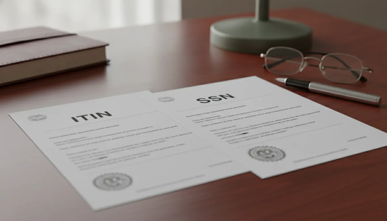 Documentos lado a lado exibem ITIN vs SSN, destacando suas diferenças para identificação fiscal nos EUA.