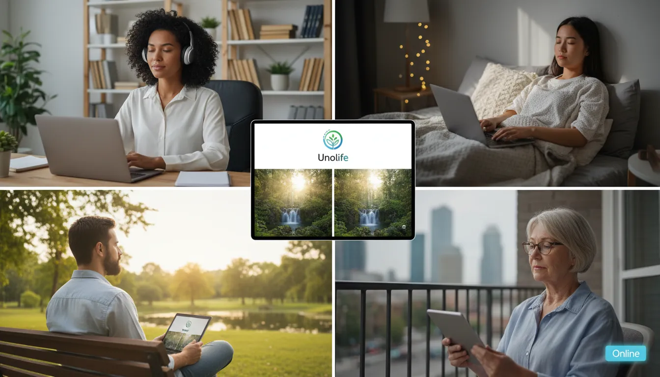 Grupo diverso de pessoas participando de uma sessão de meditação online através da Unolife. Foco e concentração em diversos ambientes.