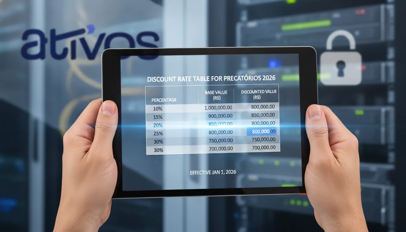Mãos seguram tablet exibindo Tabela de deságio de precatórios 2026 detalhada, com dados financeiros claros.