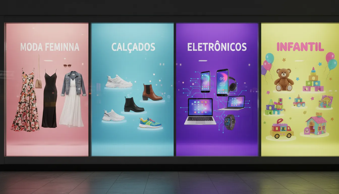 Modelos de Texto para Páginas de Categoria de Loja Virtual 2 Vitrine digital com seções de moda feminina, calçados, eletrônicos e produtos infantis para e-commerce.