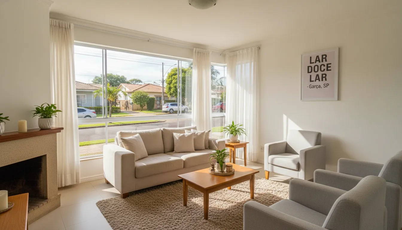 Sala de estar de casa para alugar em Garça, iluminada e acolhedora.
