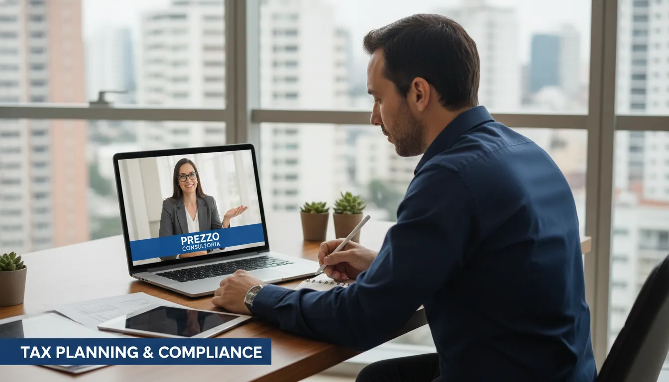 Empresário em videoconferência com um consultor da Prezzo Consulting, recebendo suporte especializado em planejamento tributário e conformidade. Um Contador em Orlando que entende suas necessidades.