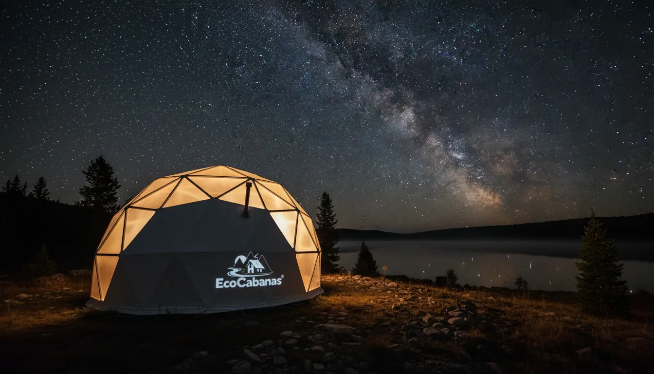 Domo geodésico iluminado à noite sob um céu estrelado, oferecendo um refúgio tranquilo e isolado na natureza.