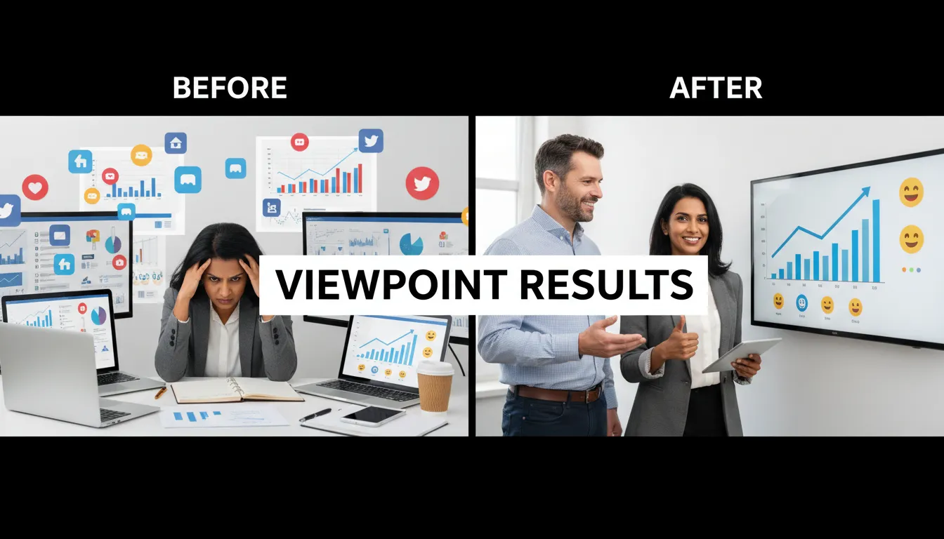 Contraste visual de campanhas de marketing: empresário frustrado versus empresário satisfeito com os resultados da Viewpoint.