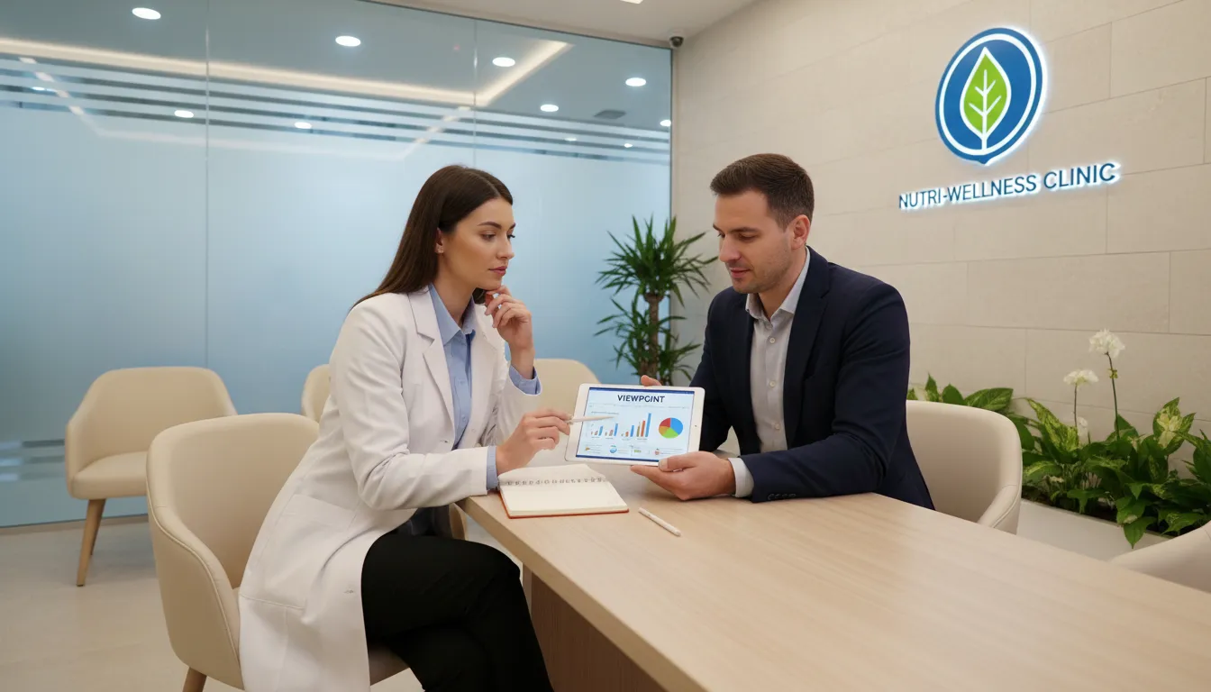 Consultora da Viewpoint orienta nutricionista sobre como criar campanha de marketing digital, mostrando dados analíticos em uma clínica moderna.