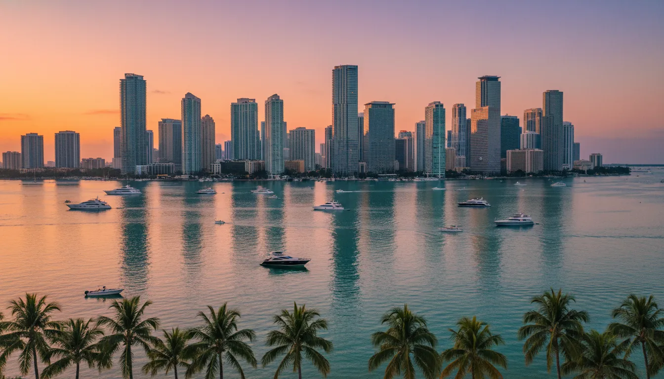 Vistas deslumbrantes do horizonte moderno de Miami, refletindo na Baía de Biscayne ao pôr do sol, com iates e palmeiras.