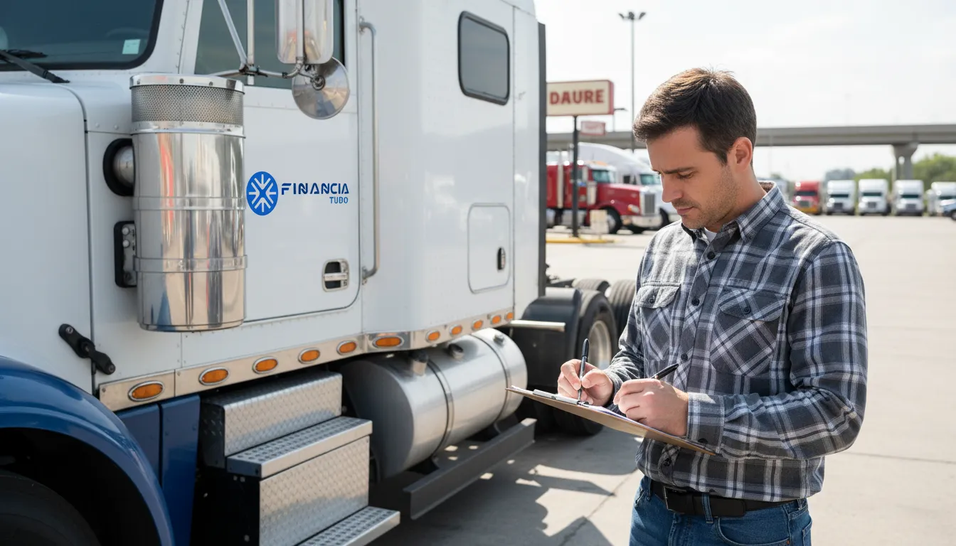 Pessoa assinando documentos de empréstimo em um truck stop, usando as chaves do caminhão como garantia.