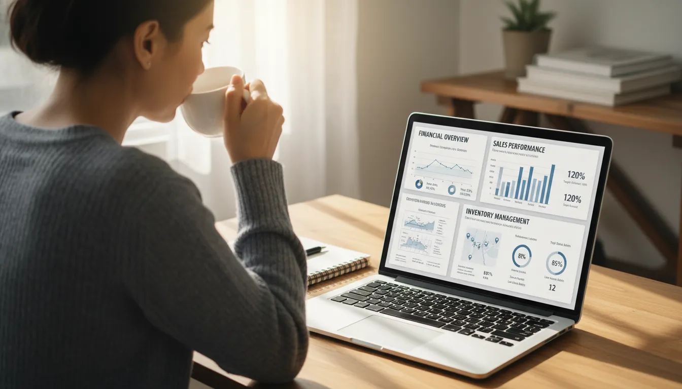 Pequena empresa usando ERP na nuvem com dashboards de vendas, finanças e estoque