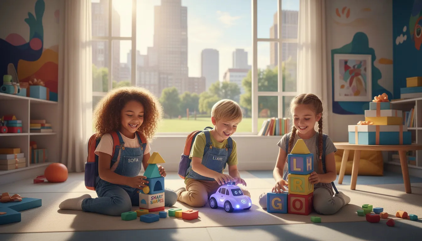 Crianças brincando com brinquedos educativos e mochilas personalizadas, reforçando interação e valor emocional.