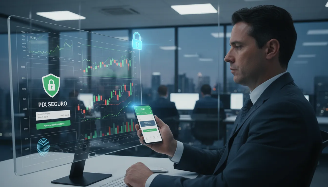 Empresário ajustando limites do PIX no aplicativo bancário e analisando relatórios financeiros