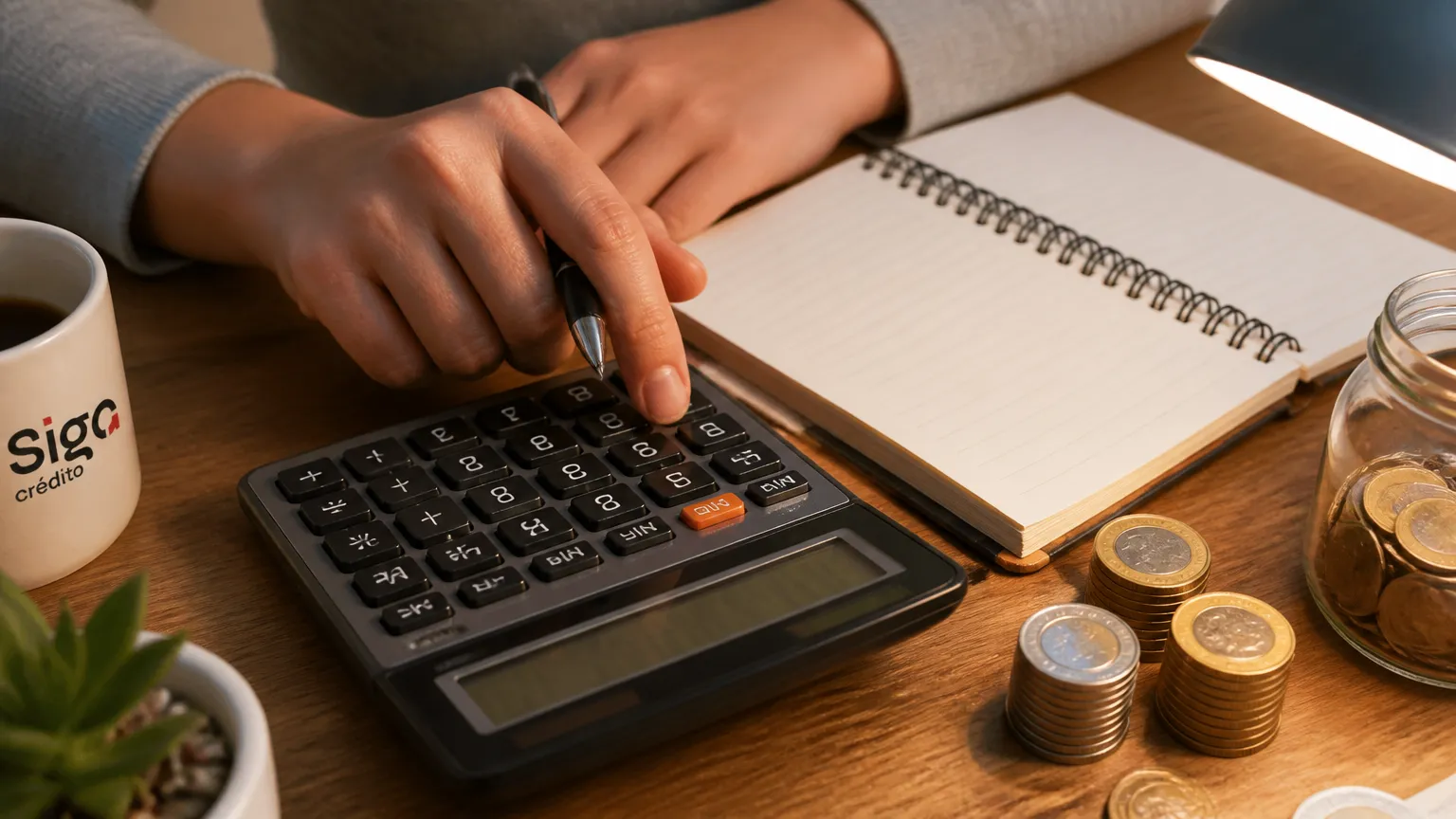 Planejamento financeiro com calculadora e moedas demonstrando o que são juros no orçamento.
