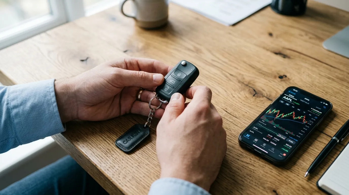 Mão segurando chave de carro sobre mesa para refinanciamento de veículo quitado para dinheiro.