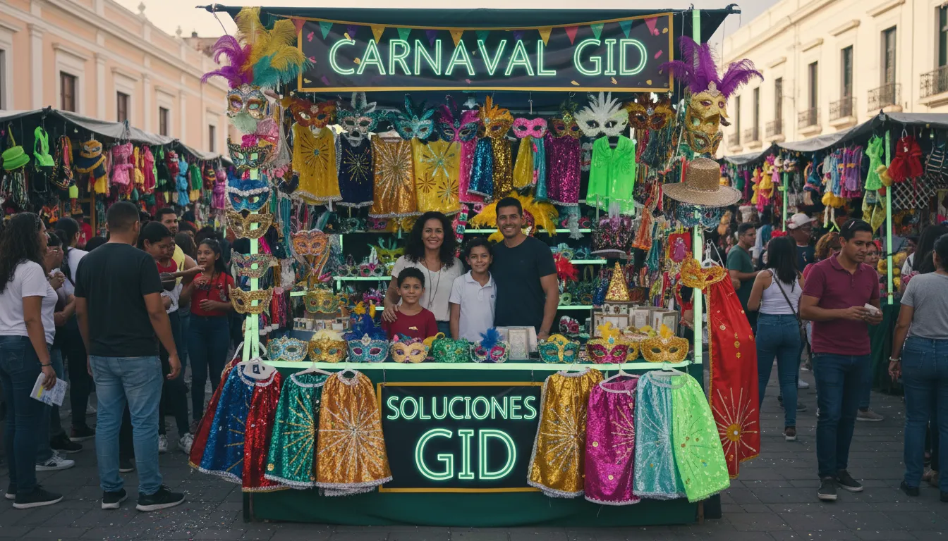 Una familia en su puesto de carnaval usando soluciones GID como carnaval complemento renda, mostrando la creatividad y el espíritu emprendedor durante las festividades.