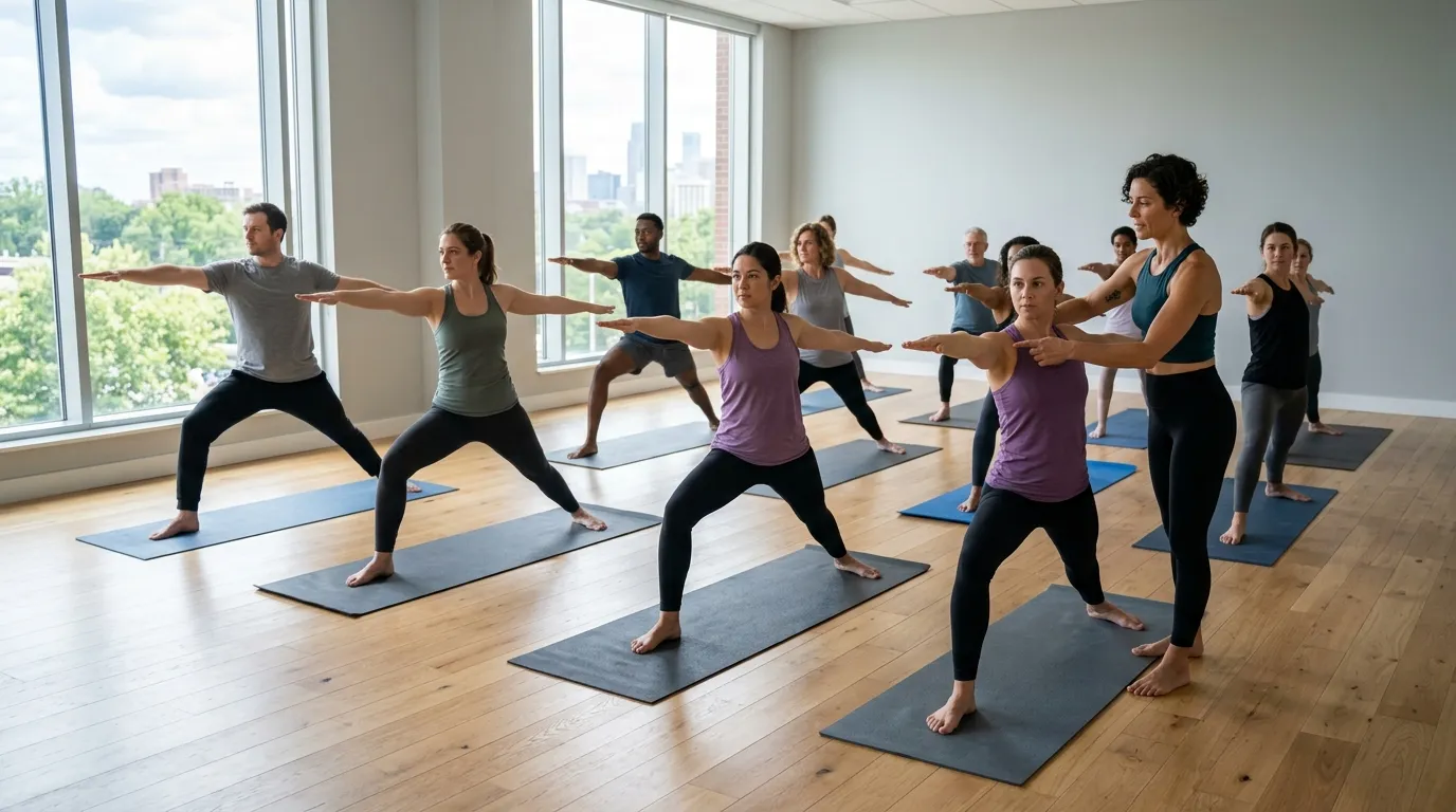 Pessoas praticando yoga para equilibrar corpo e mente em estudio iluminado.