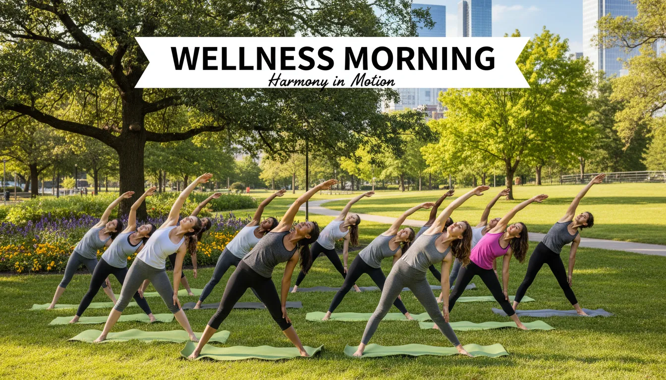 Grupo fazendo alongamentos leves em parque ensolarado, demonstrando relaxamento e bem-estar.