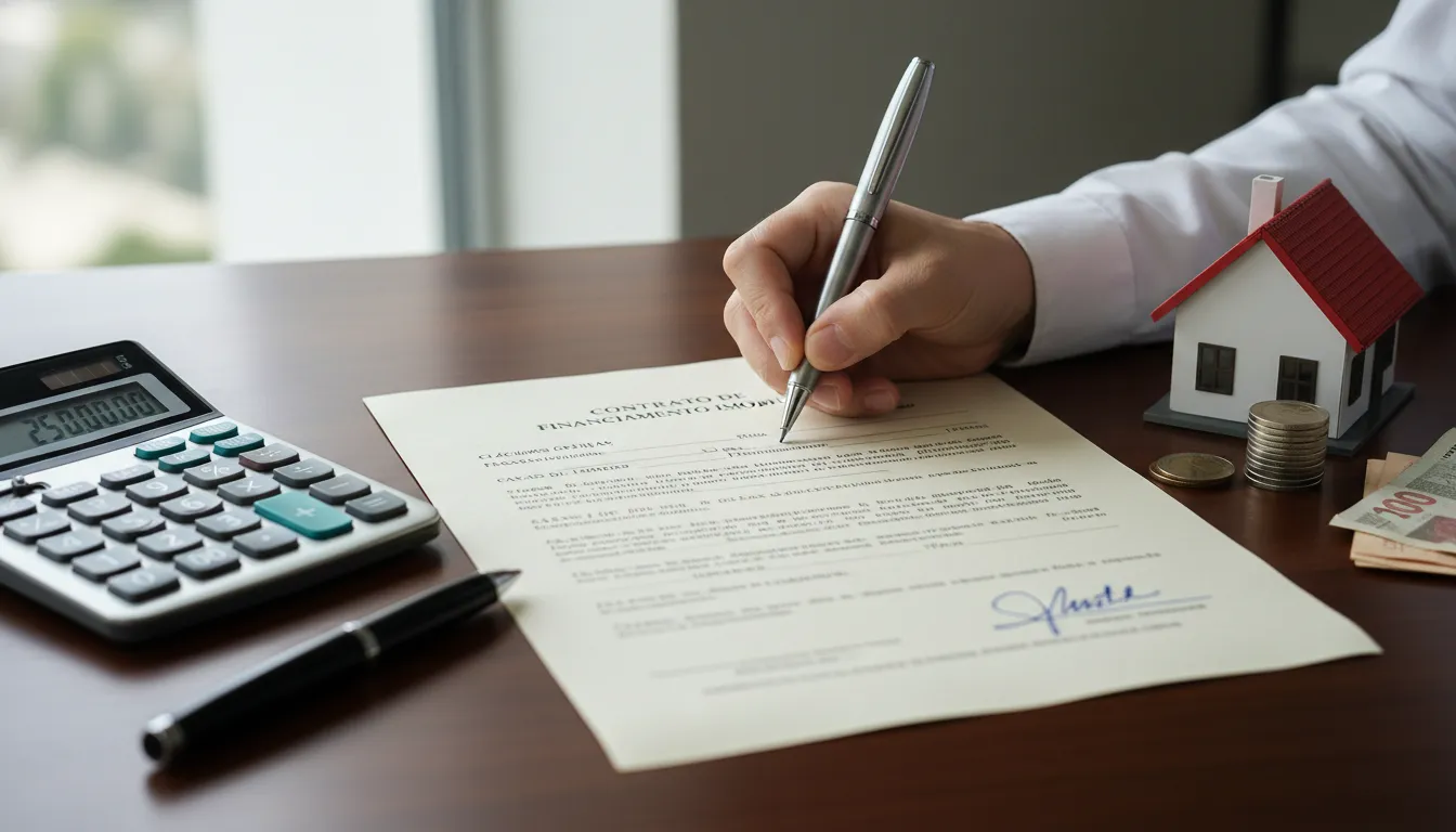 Assinatura de contrato de financiamento imobiliário com calculadora e miniatura de casa ao lado