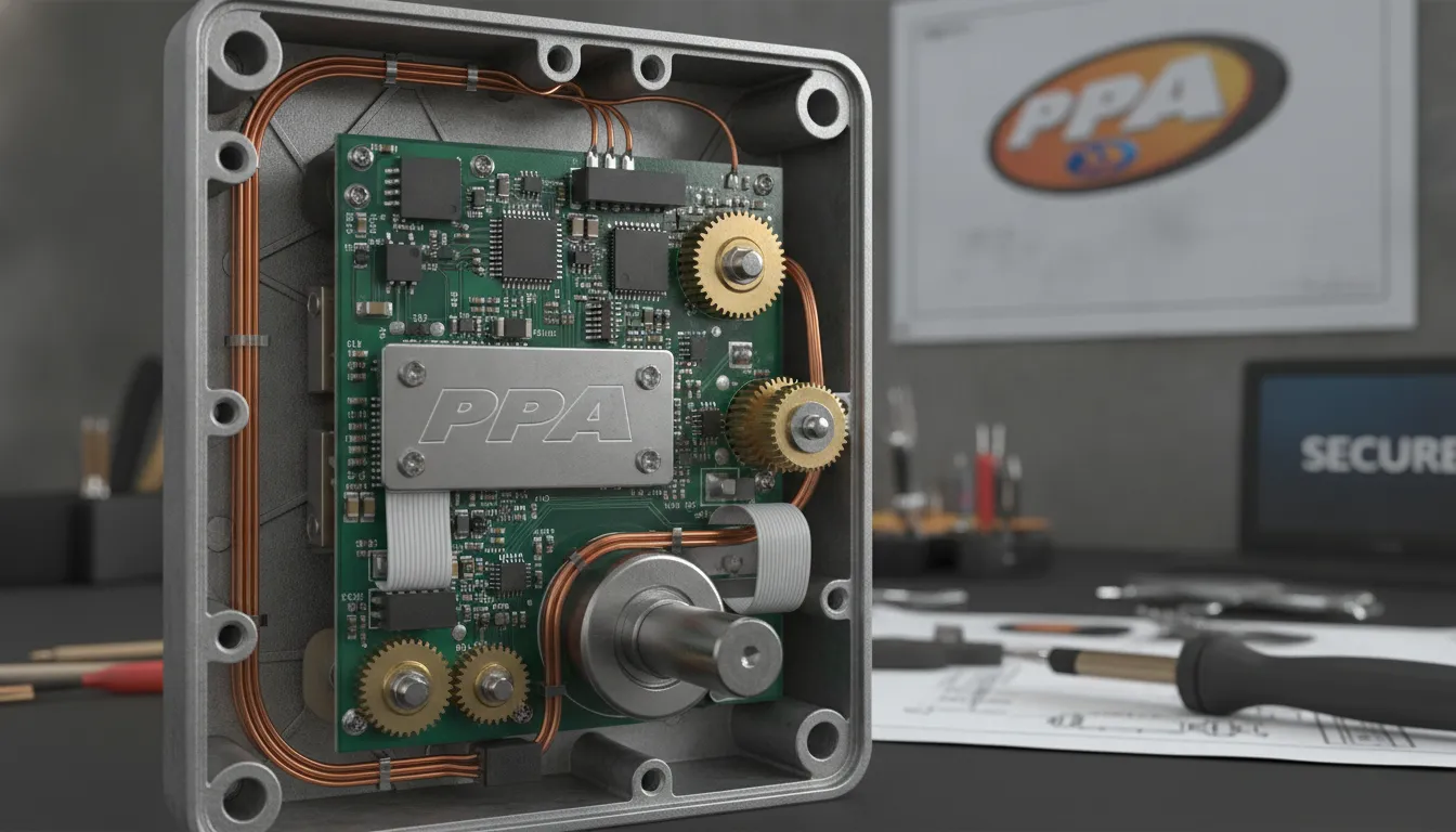 Mecanismo interno detalhado de uma fechadura eletrônica PPA, revelando a engenharia por trás das fechaduras elétricas intelbras.