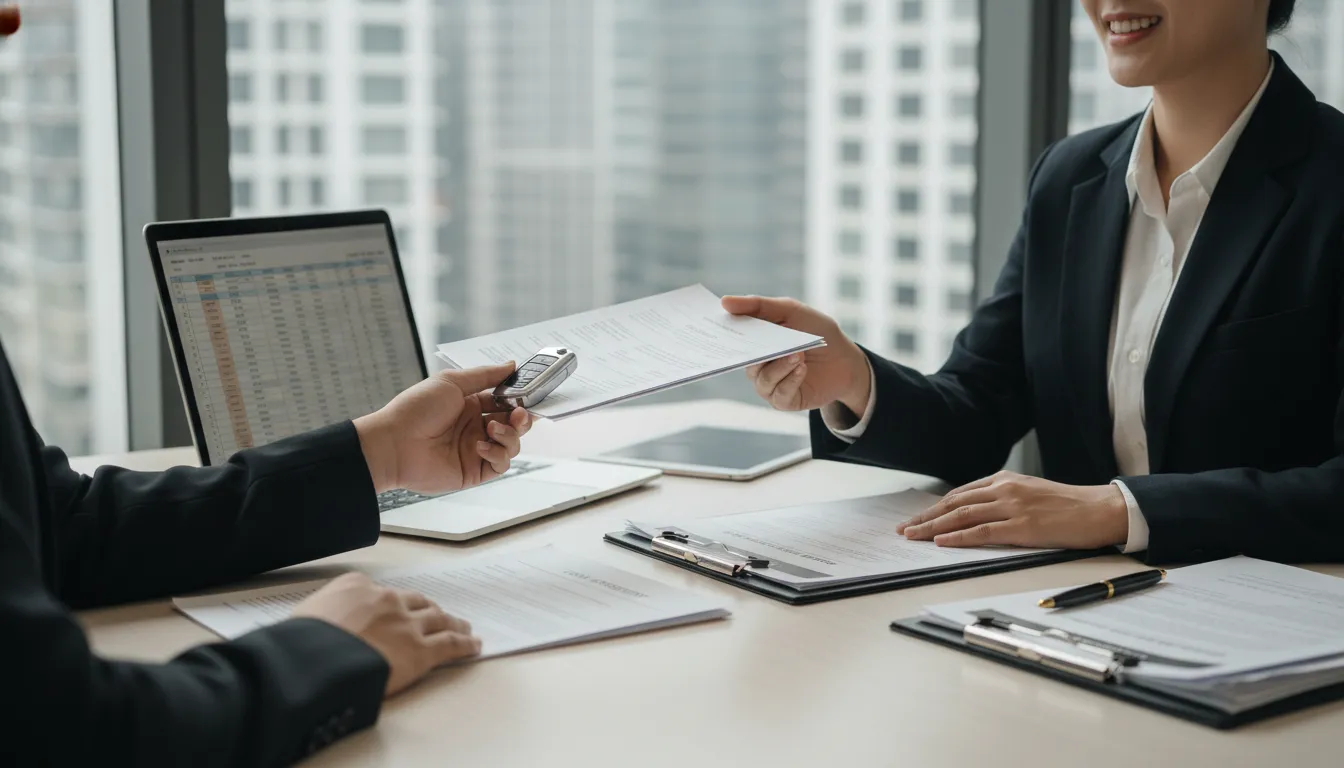 Entrega de documentos do caminhão a um consultor financeiro, sugerindo análise para empréstimo rápido e seguro.