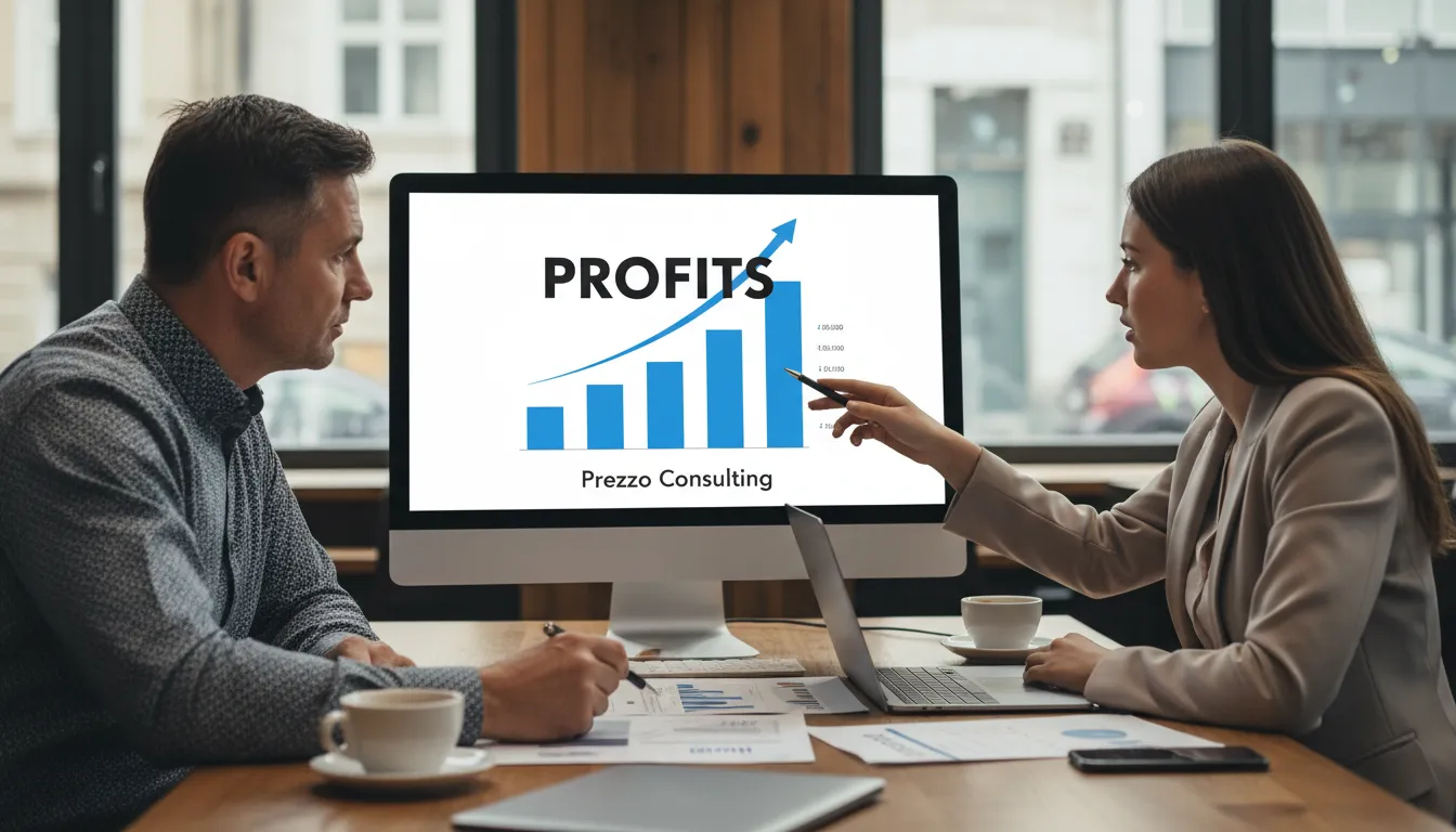 A consultation scene showcasing expert advice on bookkeeping for restaurants, with a Prezzo Consulting advisor guiding the owner towards improved profitability.