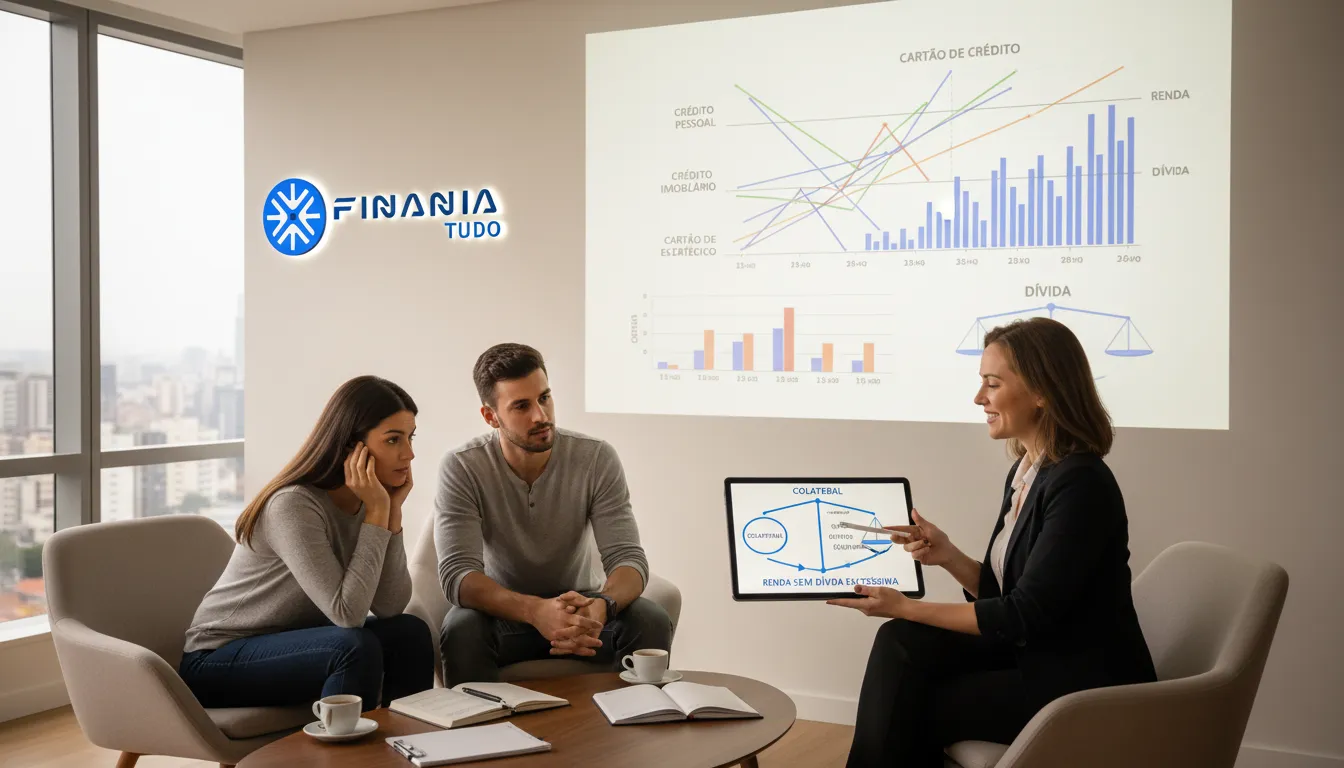 Casal jovem recebendo consultoria especializada sobre planejamento de crédito com garantia para equilibrar finanças e renda.